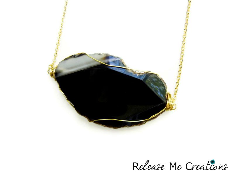 Black Agate Gold Wire Caged Gemstone Necklace - product image  