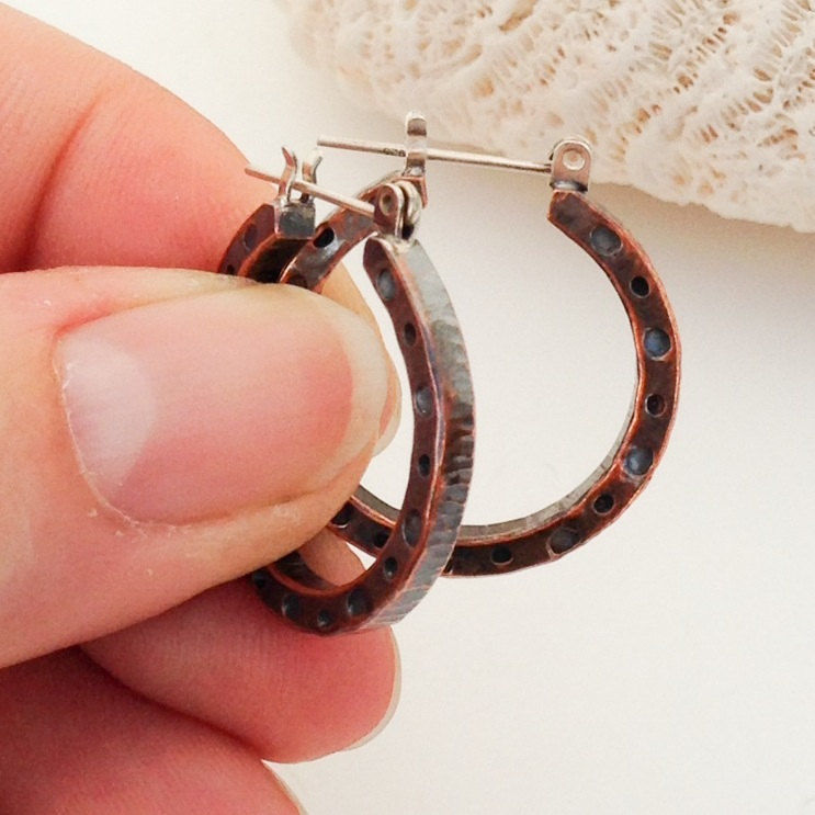 Hammered Copper Hoop Earrings Mixed Metal Boho Chic Artisan Handcrafted