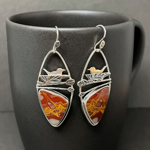 Nesting,Bird,Earrings,in,Sterling,Silver,with,Noreena,Jasper,silver bird earrings, brown bird earrings, nesting bird earrings