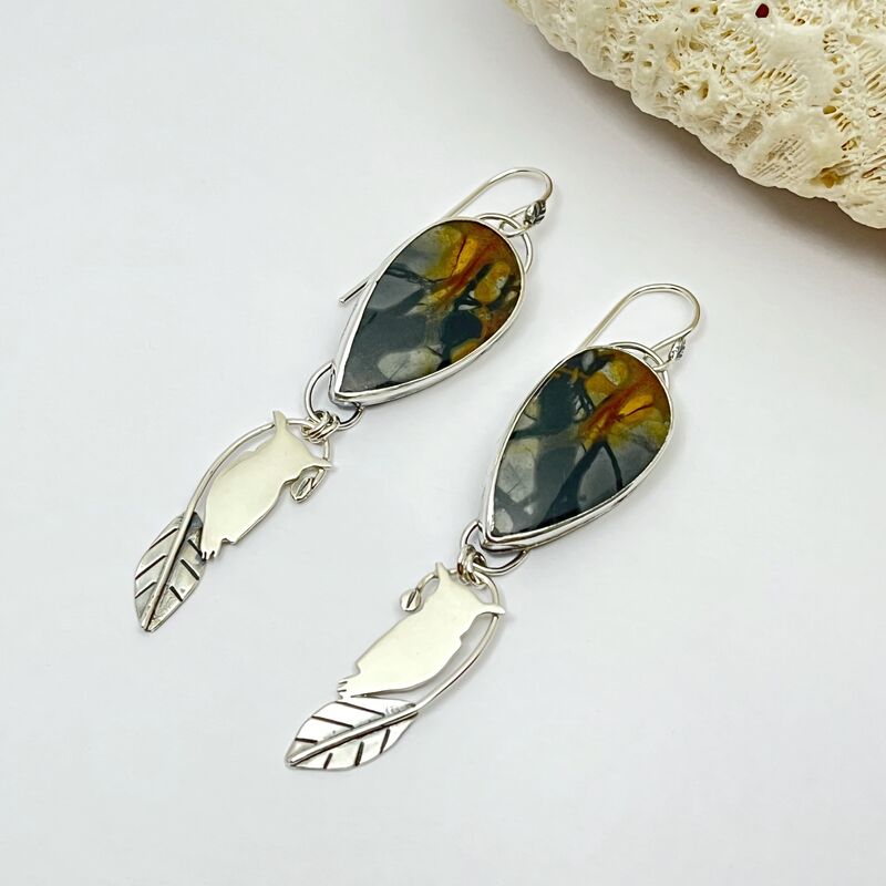 Sterling Silver Owl Earrings with Picasso Jasper - product images  of 
