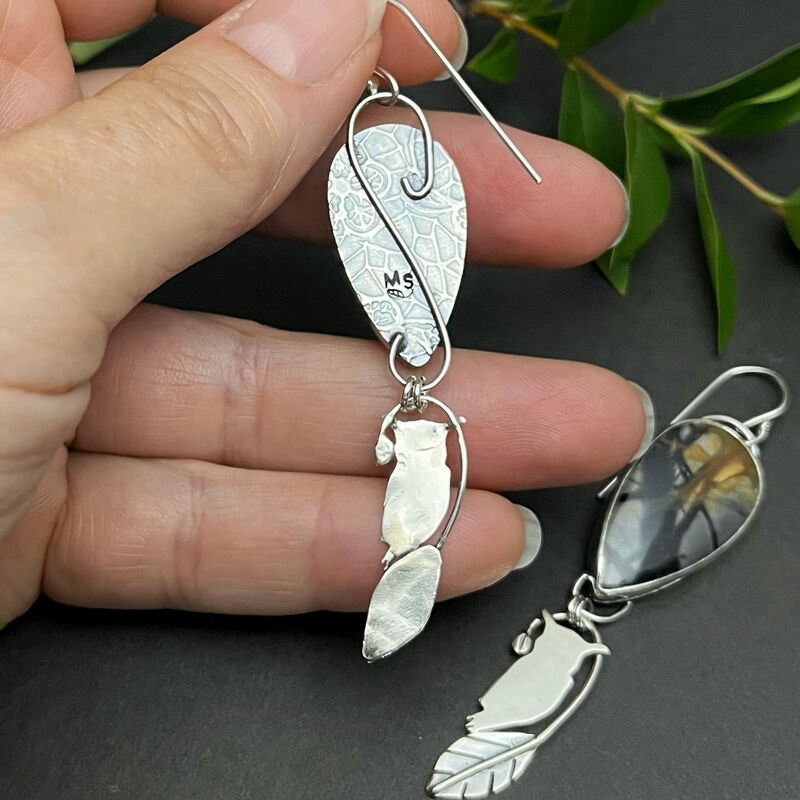 Sterling Silver Owl Earrings with Picasso Jasper - product images  of 