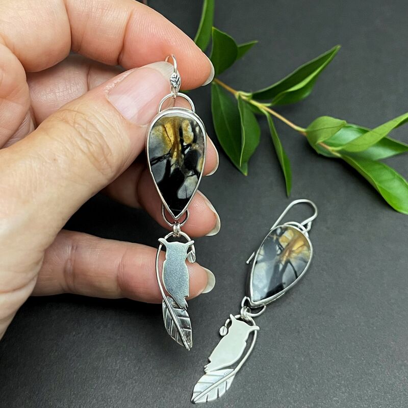 Sterling Silver Owl Earrings with Picasso Jasper - product images  of 