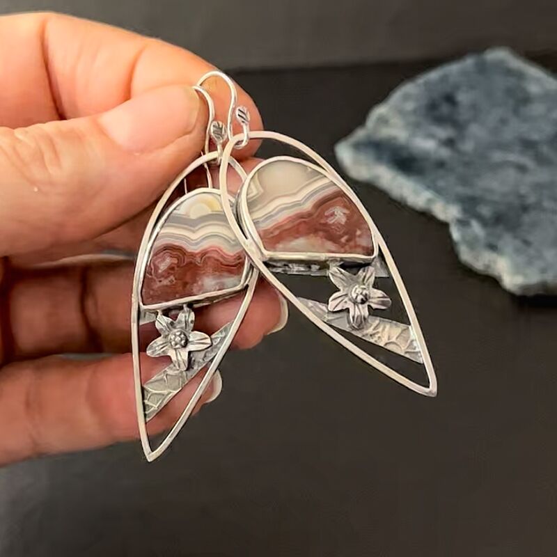 Large Sterling Crazy Lace Agate Earring with Flower - product images  of 