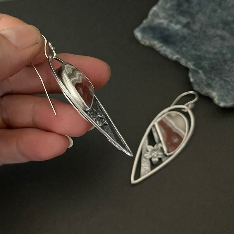 Large Sterling Crazy Lace Agate Earring with Flower - product images  of 