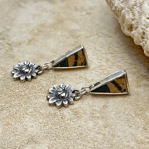 Sterling,Silver,Ocean,Jsper,Stud,Post,Earrings,with,Forged,Flower,Dangle,ocean jasper earrings, jasper stud post earrings, silversmith earrings, boho jasper earrings, boho flower earrings