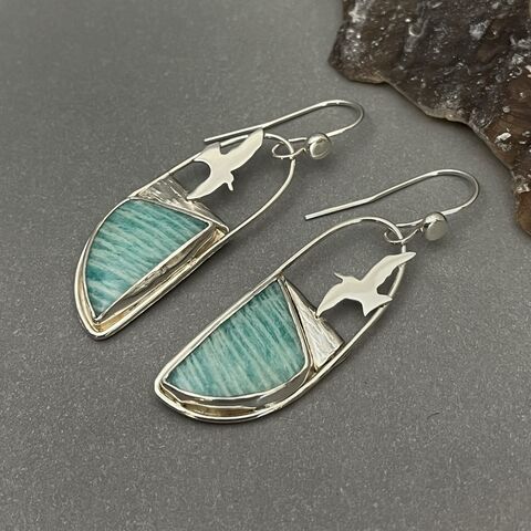 Amazonite,Bird,Earrings,in,Sterling,Silver,amazonite earrings, silver bird earrings,  silversmith earrings, hand fabricated jewelry, flying bird earrings, boho bird earrings, seagull earrings