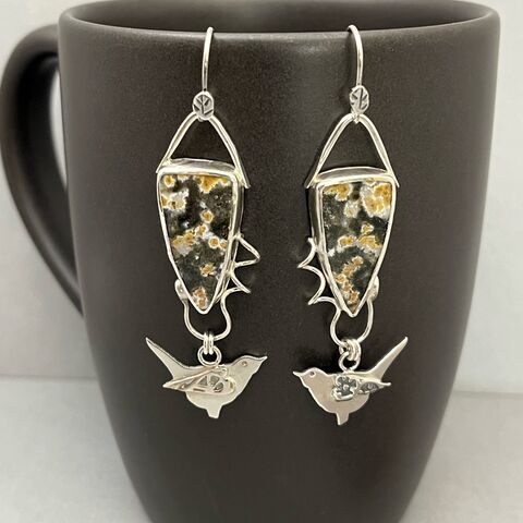 Ocean,Jasper,Earrings,with,Sterling,Silver,Bird,Dangles,sterling bird jewelry, silversmith earrings, silver bird earrings, ocean jasper earrings, hand fabricated jewelry, metalsmith jewelry, boho bird earrings, one of a kind earrings, mosaicsmith, Florida jeweler