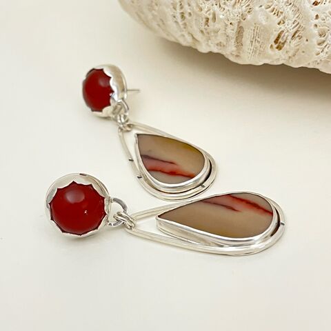 Polygram,Jasper,and,Carnelian,Earrings,,Stud,Post,Silversmith,Dangles,dual stone earrings, agate and jasper earrings, silversmith earrings, carnelian earrings, polychrome jasper earrings, polygram jasper earrings, desert jasper earrings, caramel and red earrings