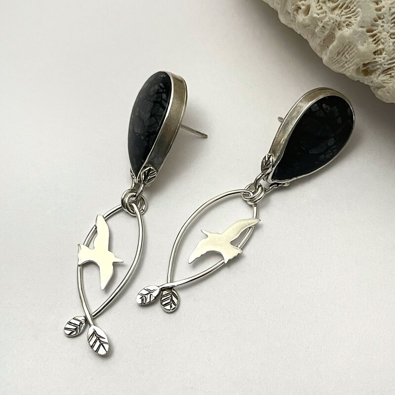 Picasso Jasper Stud Earrings with Sterling Silver Bird Dangles  - product images  of 