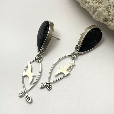 Picasso,Jasper,Stud,Earrings,with,Sterling,Silver,Bird,Dangles,picasso jasper earrings, sterling bird earrings, silversmith earrings, metalsmith earrings, bird statement earrings, black stone bird jewelry, ooak bird earrings, soaring bird jewelry