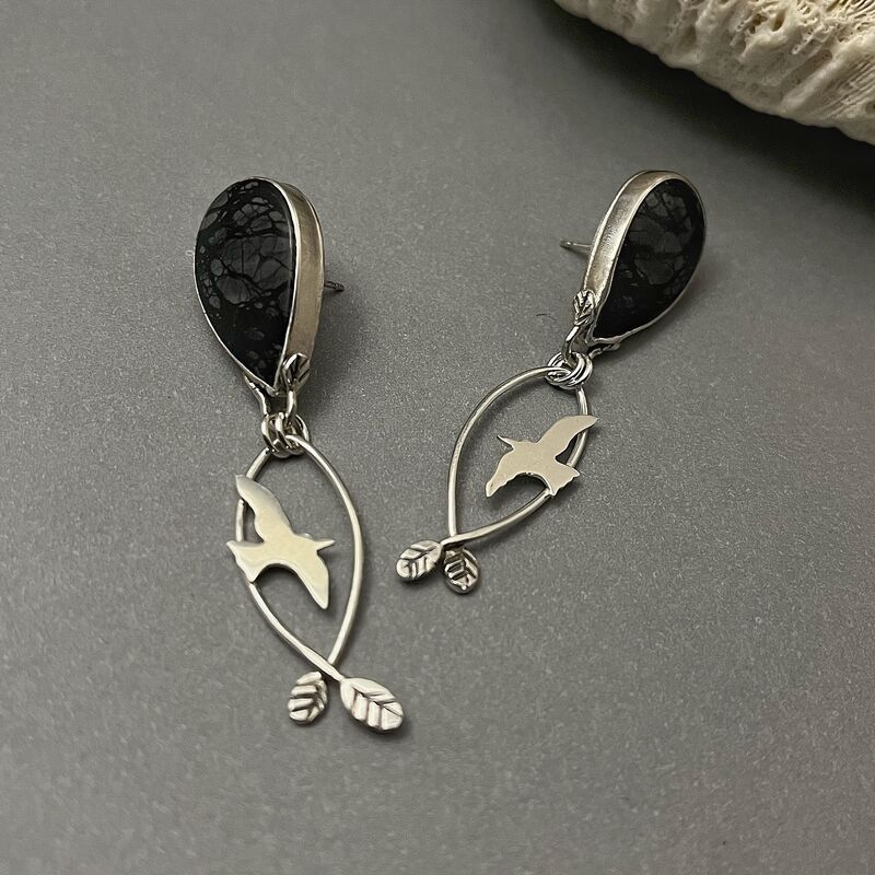 Picasso Jasper Stud Earrings with Sterling Silver Bird Dangles  - product images  of 