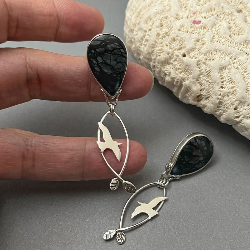Picasso Jasper Stud Earrings with Sterling Silver Bird Dangles  - product images  of 