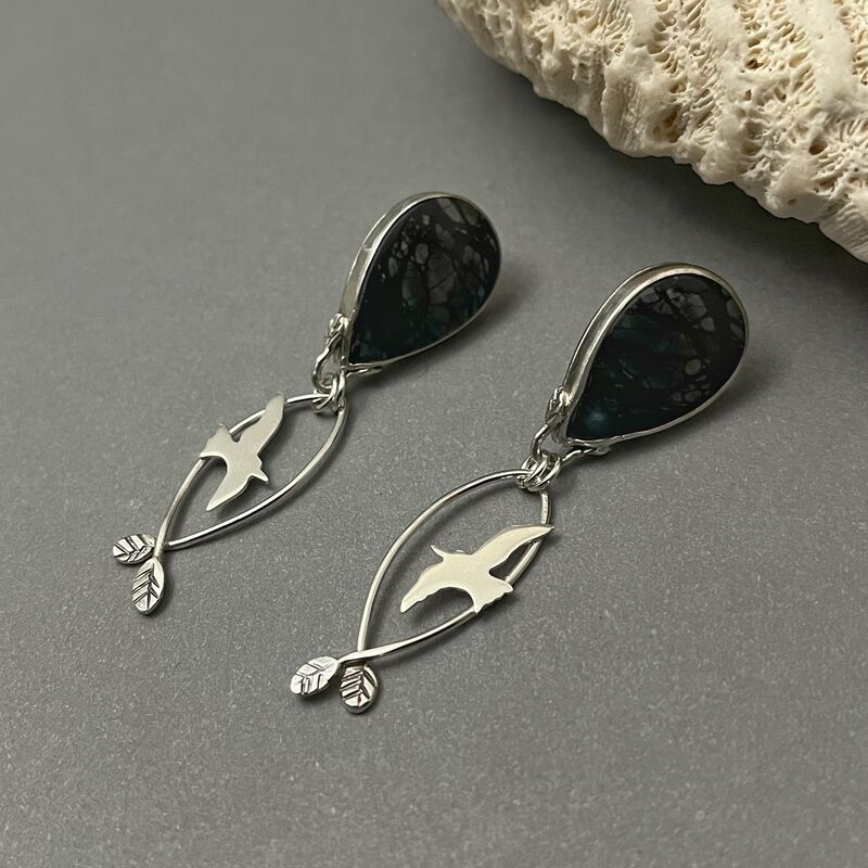 Picasso Jasper Stud Earrings with Sterling Silver Bird Dangles  - product images  of 