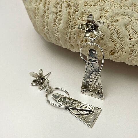 OOAK,Silversmith,Made,Earrings,in,a,Flower,and,Botanical,Theme,flower and leaf earrings, botanical earrings, silversmith earrings, metalsmith earrings, sterling silver flowers, handcrafted flower earrings, forged flower earrings