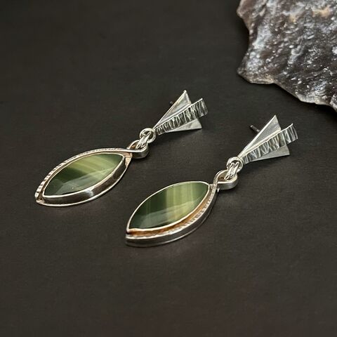 Contemporary,Imperial,Jasper,Earrings,with,Art,Deco,Studs,in,Sterling,Silver,imperial jasper earrings, green jasper earrings, art deco earrings, silversmith earrings, metalsmith earrings, sterling silver earrings, artisan jewelry, handcrafted in usa