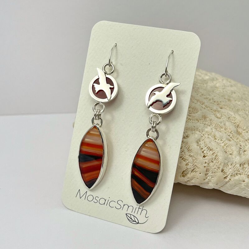 Red Banded Agate and Carnelian Bird Earrings in Sterling Silver - product images  of 