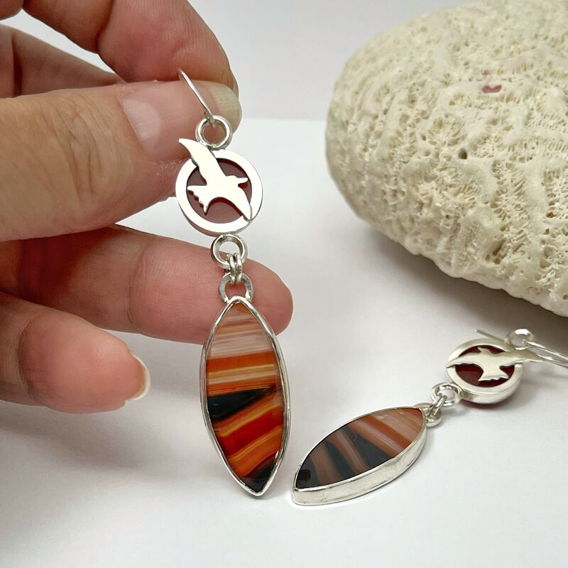 Red Banded Agate and Carnelian Bird Earrings in Sterling Silver - product images  of 