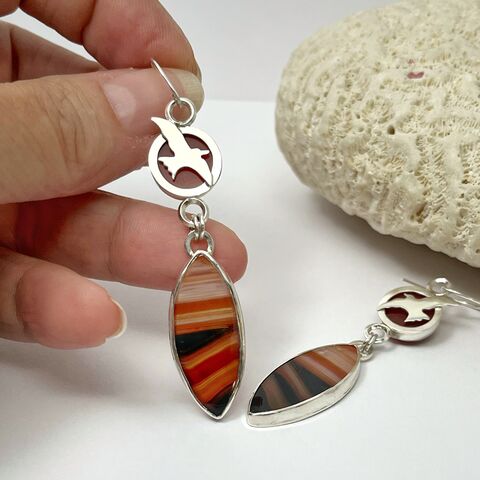 Red,Banded,Agate,and,Carnelian,Bird,Earrings,in,Sterling,Silver,banded agate earrings, carnelian bird earrings, handcrafted bird earrings, silversmith earrings, metalsmith earrings, red striped stone earrings, flying bird earrings, ooak red bird earrings