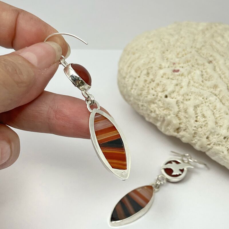 Red Banded Agate and Carnelian Bird Earrings in Sterling Silver - product images  of 