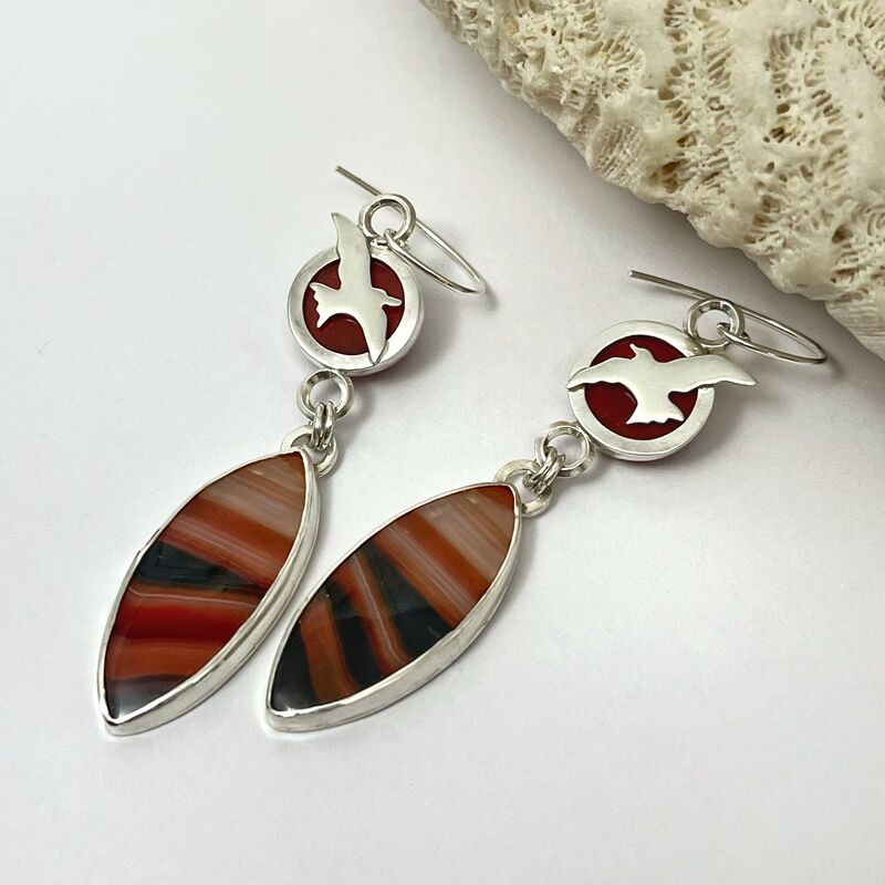 Red Banded Agate and Carnelian Bird Earrings in Sterling Silver - product images  of 