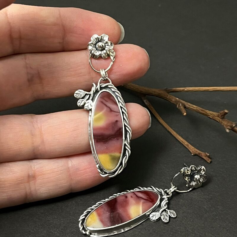 Mookaite Jasper Earrings with Forged Sterling Silver Leaves and Flowers - product images  of 