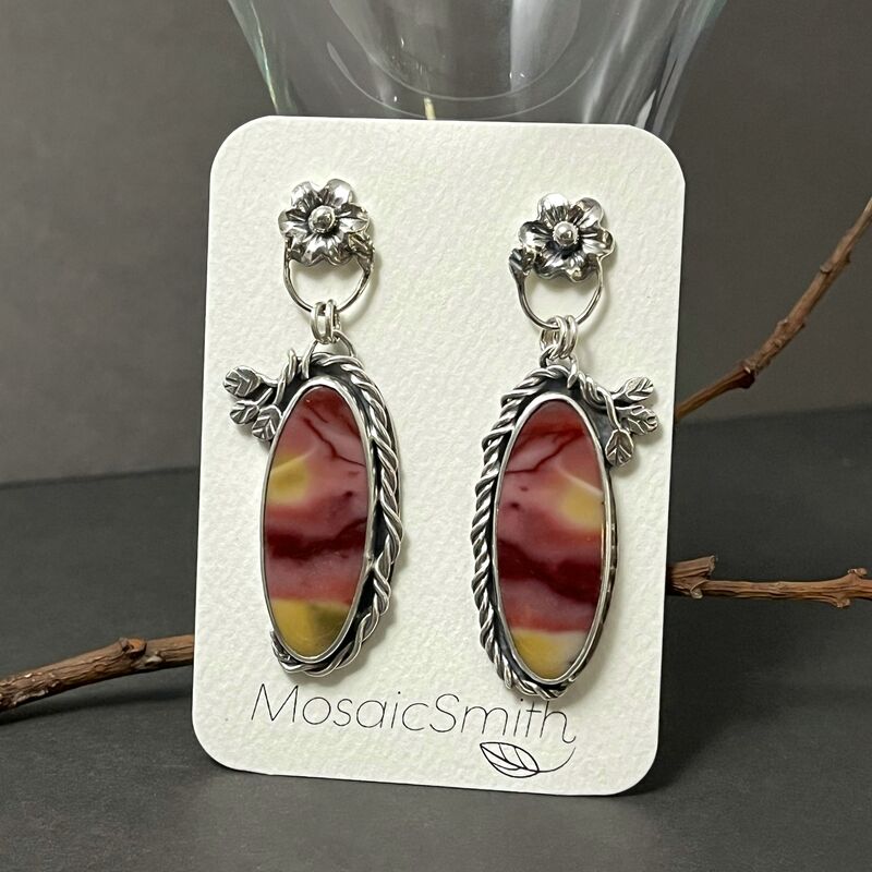 Mookaite Jasper Earrings with Forged Sterling Silver Leaves and Flowers - product images  of 