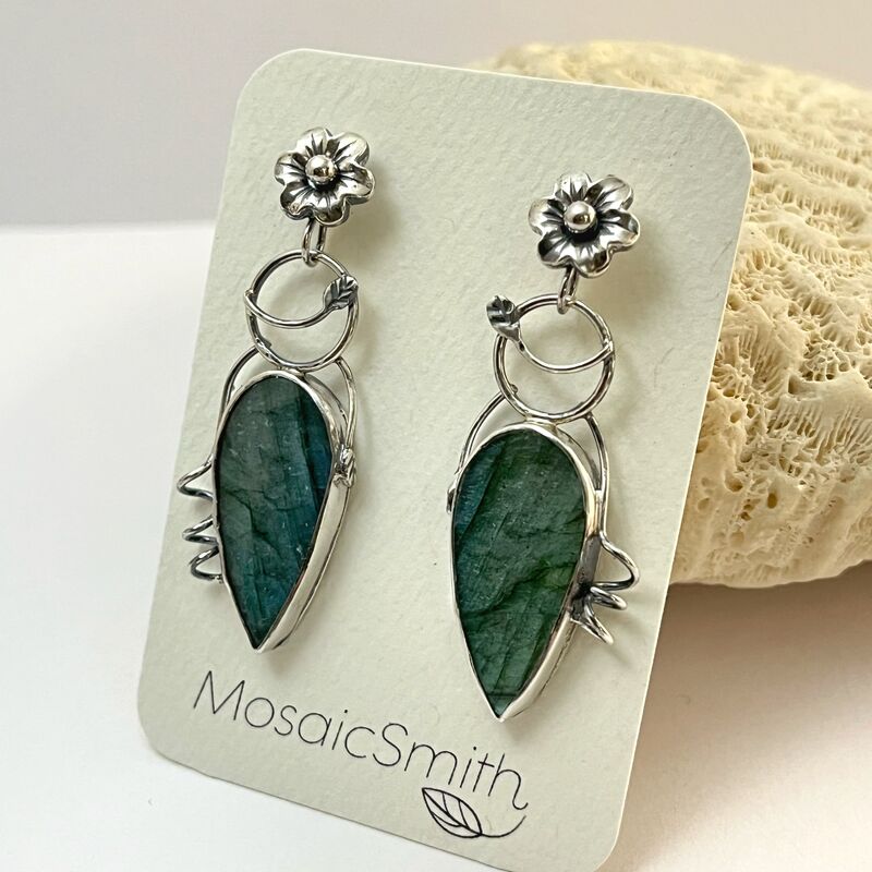 Labradorite Earrings Silversmith Made with Forged Flowers and Leaves - product images  of 