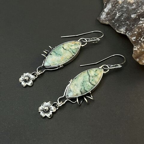 Mariposite,Earrings,with,Hand,Forged,Flowers,and,Leaves,mariposite earrings, silversmith earrings, metalsmith earrings, forged flower dangles, boho art jewelry, long stone earrings, floral art earrings, artisan handcrafted