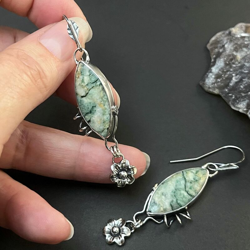 Mariposite Earrings with Hand Forged Flowers and Leaves - product images  of 