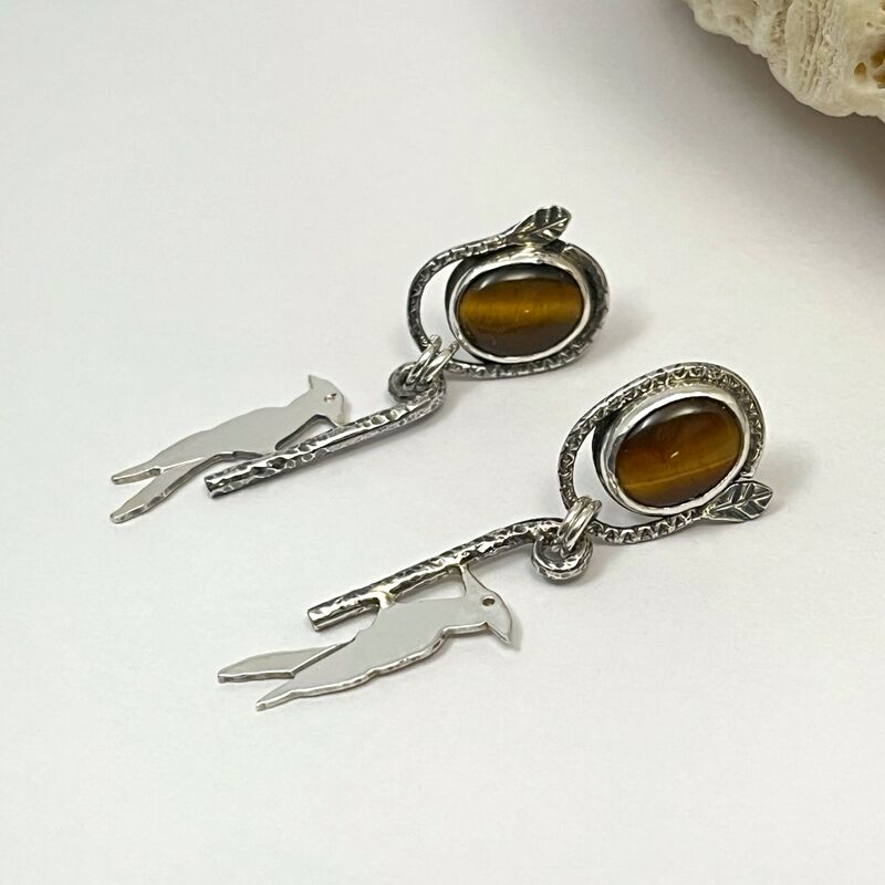 Unique Tiger's Eye Earrings with Woodpecker Dangles in Sterling Silver - product images  of 