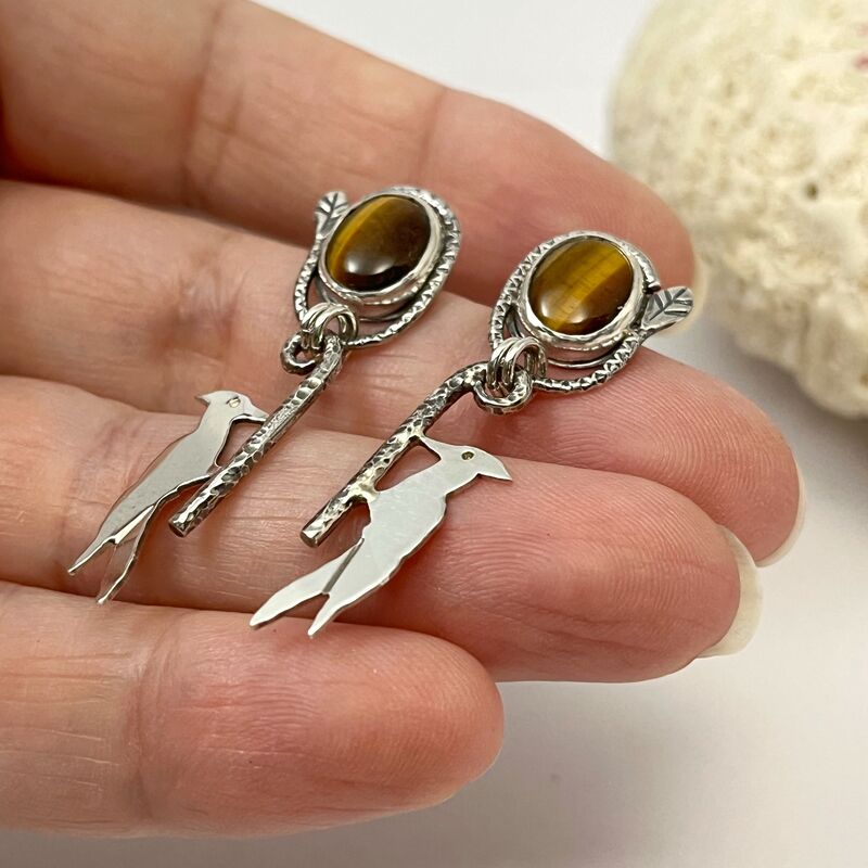 Unique Tiger's Eye Earrings with Woodpecker Dangles in Sterling Silver - product images  of 