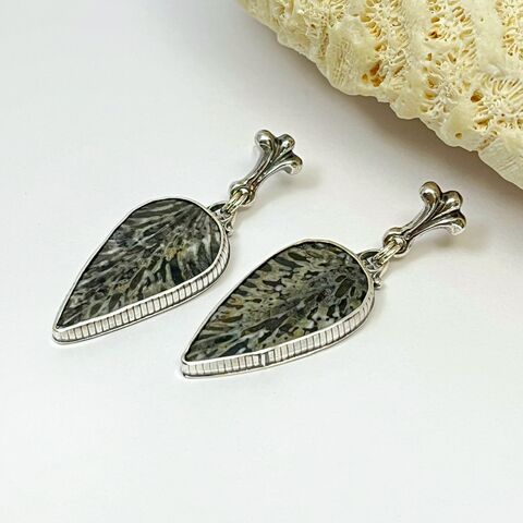 Silversmith,Made,Black,Coral,Earrings,with,Fleur,De,Lis,Stud,Posts,black grey stone earrings, silversmith earrings, metalsmith earrings, hand fabricated earrings, black art jewelry, black coral earrings