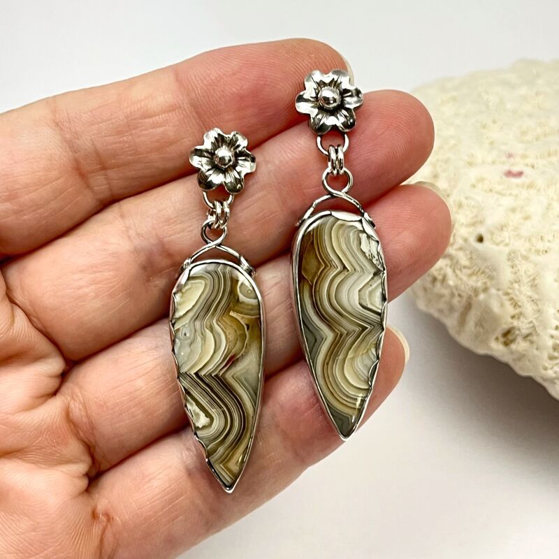 Crazy Lace Agate Earrings with Solid Sterling Silver Flower Stud Posts - product images  of 