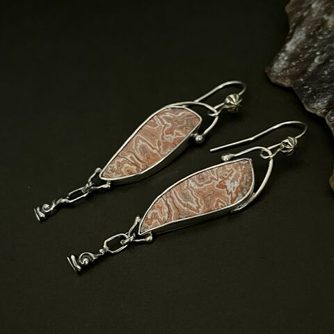 Rosetta,Jasper,Earrings,,Silversmith,Made,rosetta jasper earrings, pink stone earrings, silversmith earrings, metalsmith earrings, long pink boho earrings, mokume gane pattern