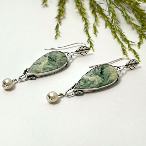 Mariposite,Earrings,with,Freshwater,Pearls,in,Sterling,Silver,silversmith earrings, metalsmith earrings, mariposite earrings, ooak pearl earrings, artisan handcrafted