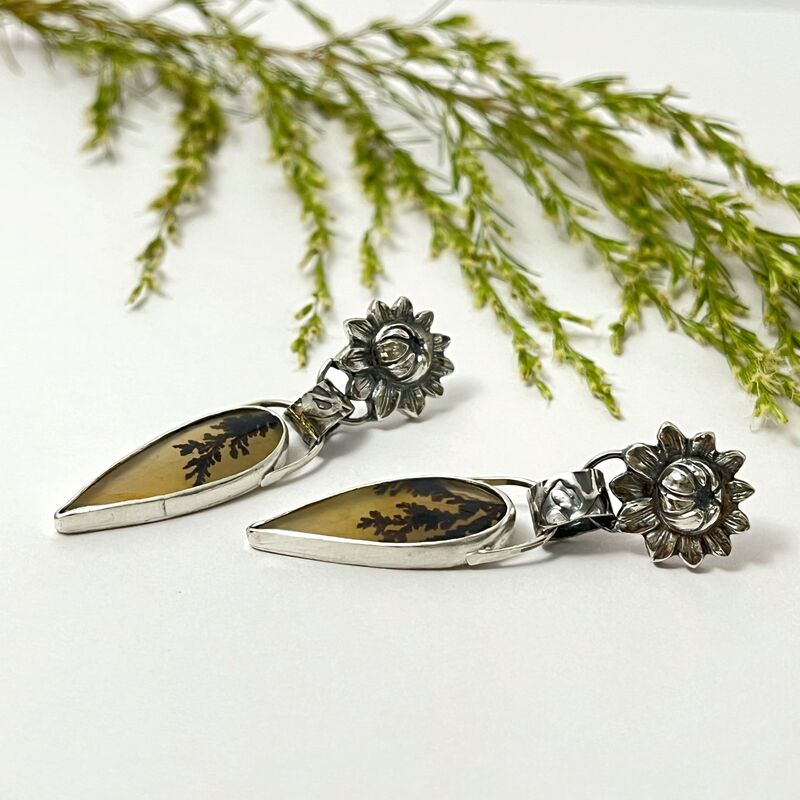 Translucent Dendritic Agate Earrings with Solid Sterling Silver Flower Studs - product images  of 