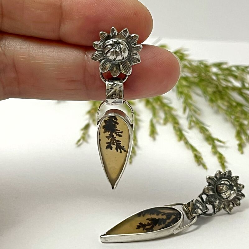 Translucent Dendritic Agate Earrings with Solid Sterling Silver Flower Studs - product images  of 