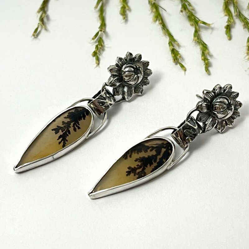 Translucent Dendritic Agate Earrings with Solid Sterling Silver Flower Studs - product images  of 