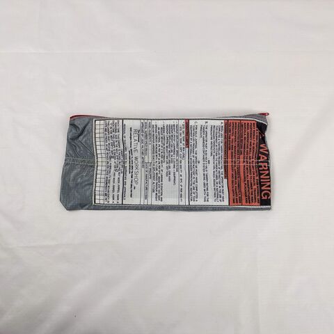 Pouch,Made,From,a,Gray,Parachute,Warning,Label,Panel,and,Red,Zipper