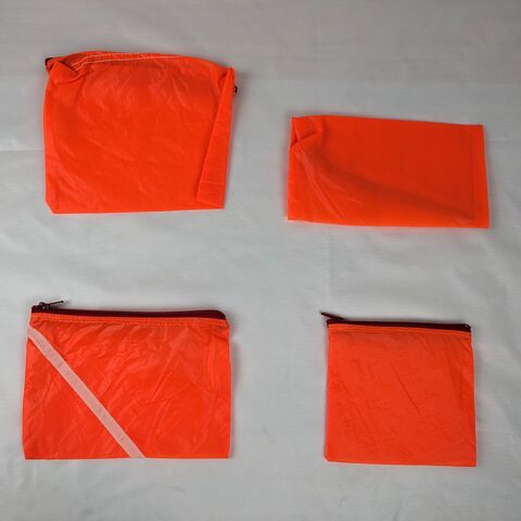 Four,Neon,Orange,Repurposed,Parachute,Zipper,Pouches,with,Red,Zippers