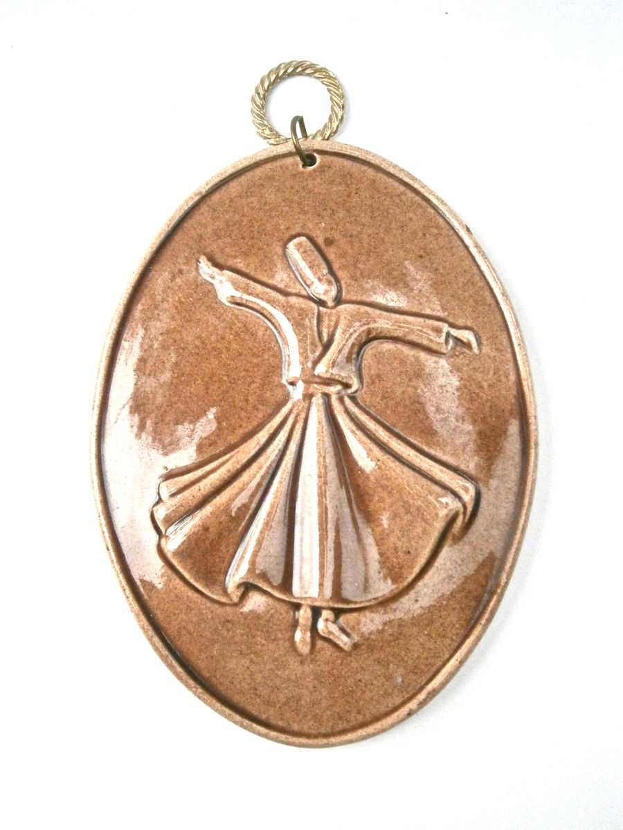 Vintage Sufi Whirling Dervish Ceramic Oval Wall Décor Hanging Plate Plaque Mevlana Brown Pottery Sema Semazen Rumi Figure Meditation Dance Villacollezione - product images  of 