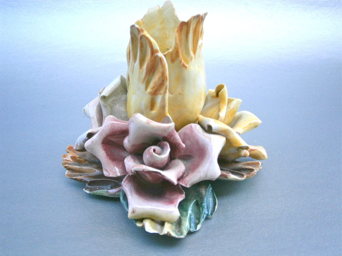 Vintage Yellow Flower Candle Holder Ceramic Rose Pink Petals