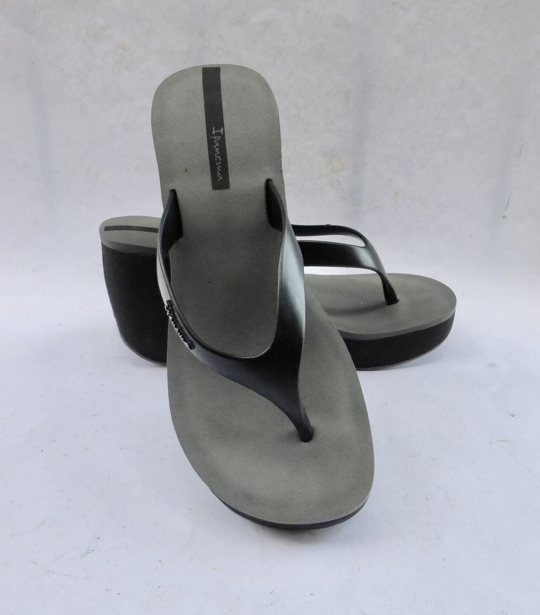 Ipanema Wedge Flip Flops Black Gray Sandals Size UK 6 US 8 EU 39  Lipstick III Thong High Heels Summer Rubber Platform Brazil Brazilian Villa Collezione Villacollezione 81706 41088 7909171430872 964153 - product images  of 