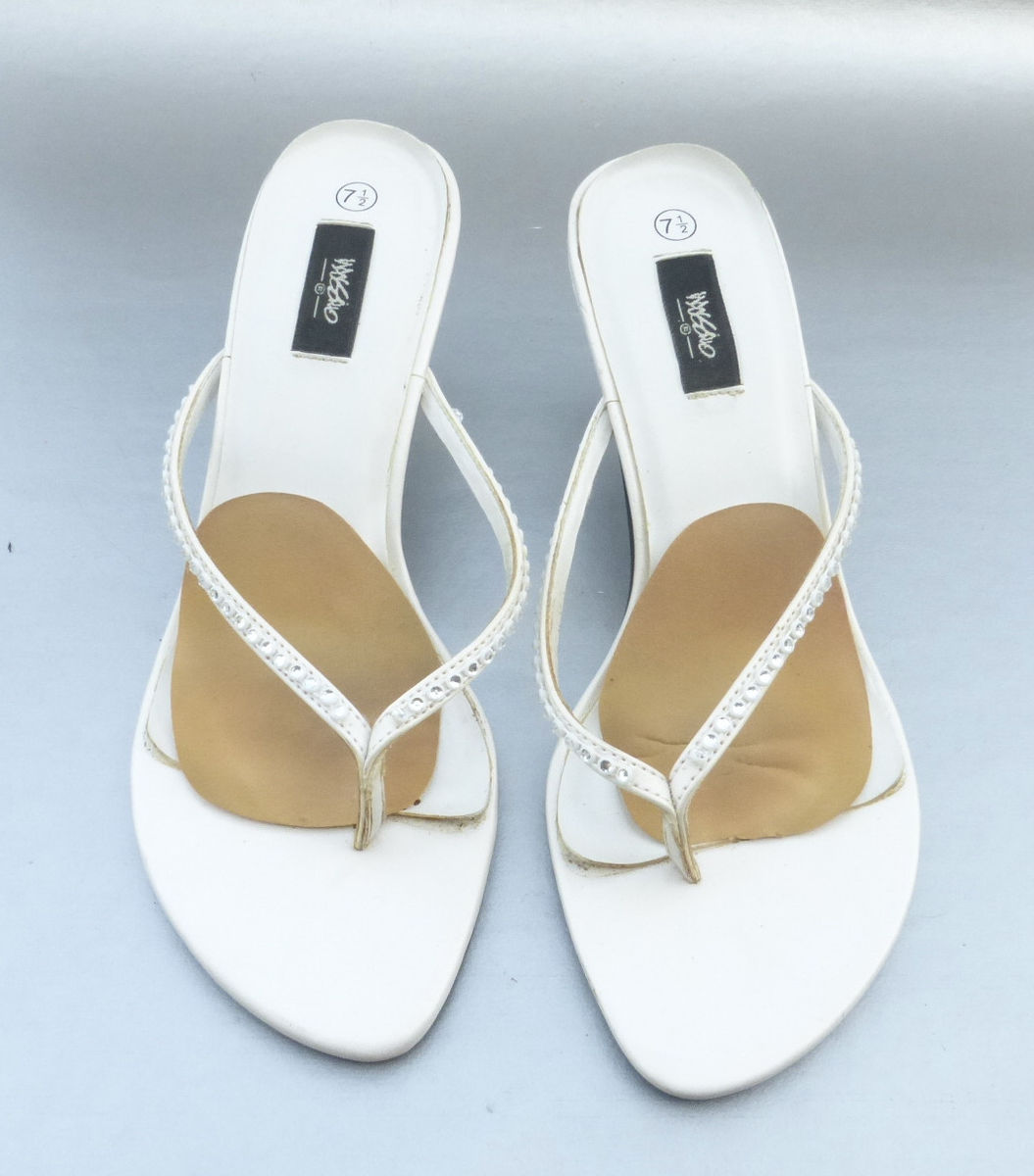 Mossimo White Faux Leather Rhinestone Kitten Heels Sandals Thongs Slip On Mules Slippers Slides Size US 7.5 Flip Flops Thin Straps Target Brand Villa Collezione Villacollezione  - product images  of 