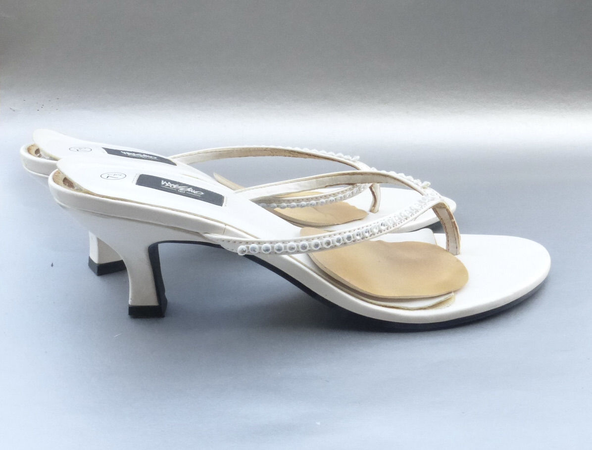 Mossimo White Faux Leather Rhinestone Kitten Heels Sandals Thongs Slip On Mules Slippers Slides Size US 7.5 Flip Flops Thin Straps Target Brand Villa Collezione Villacollezione  - product images  of 