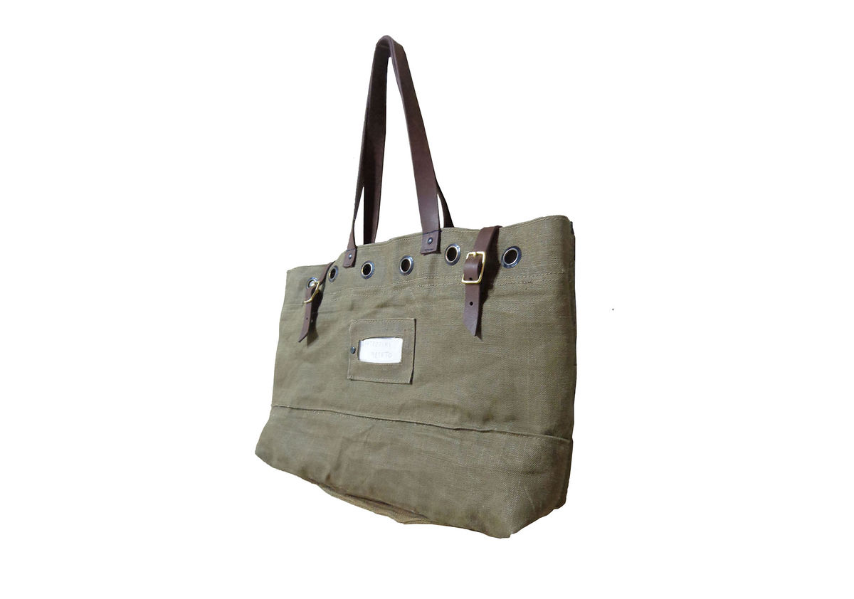 Sessa Carlo Waxed Canvas Tote w/ Leather Straps, Olive - product images  of 