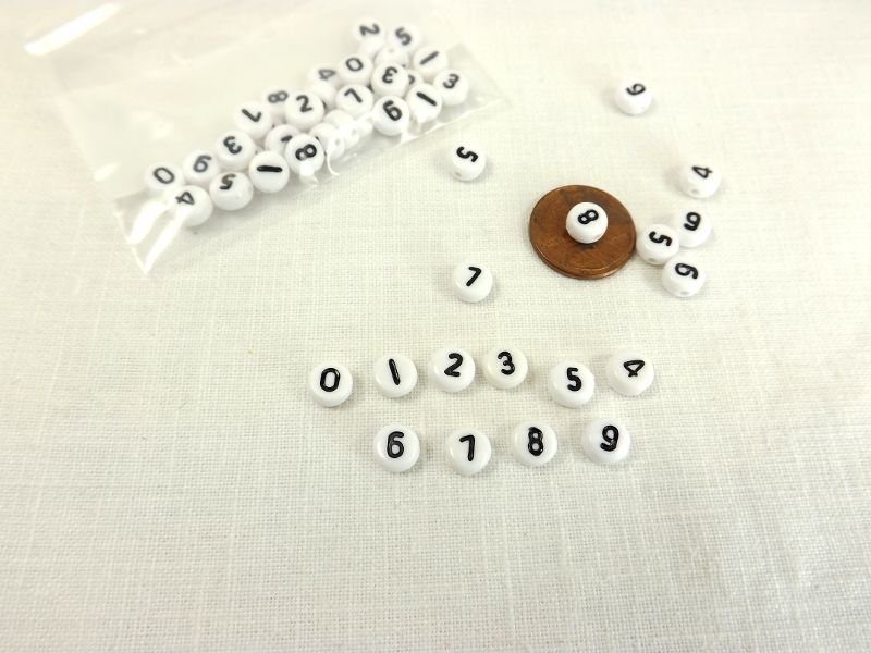 White beads black numbers 0-9 Flat round number beads jewelry making