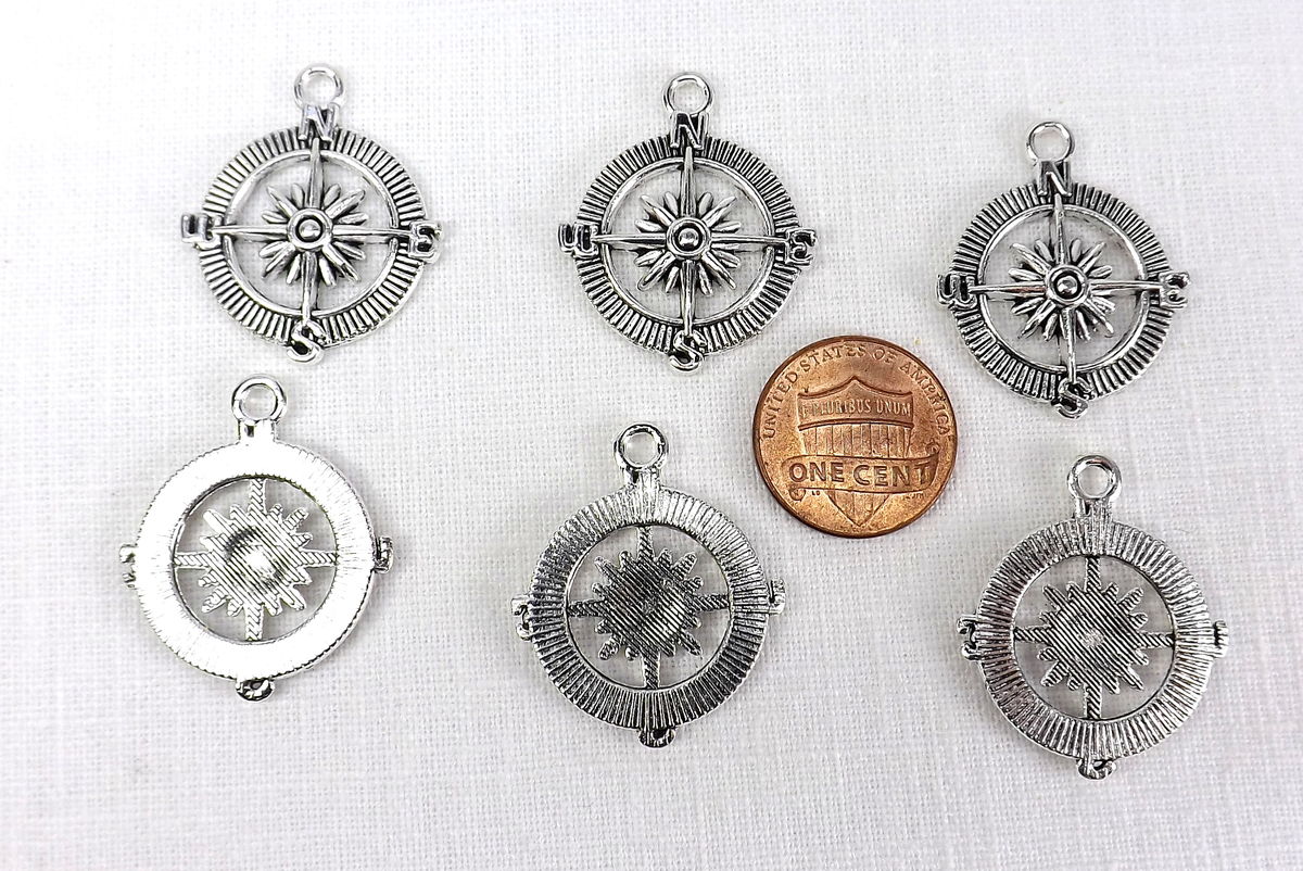 Silver Compass pendants 6 nautical charms travel jewelry findings jewelry making supply