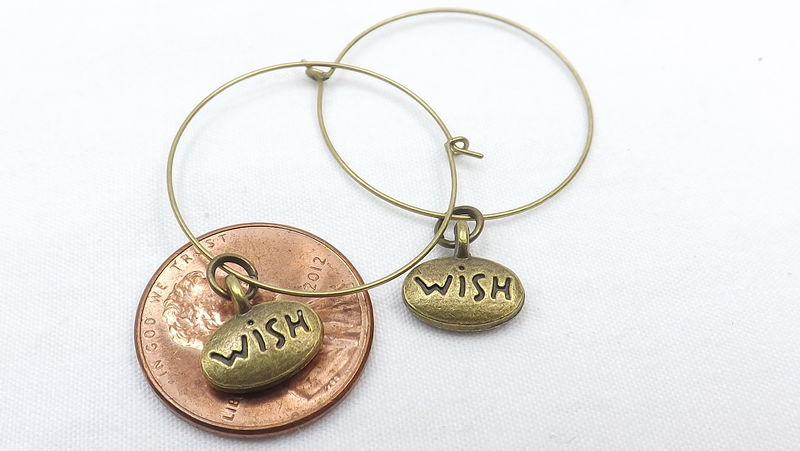 Hoop earrings with wish charm 1 inch hoops antiqued gold wish earrings gift for her - product image  