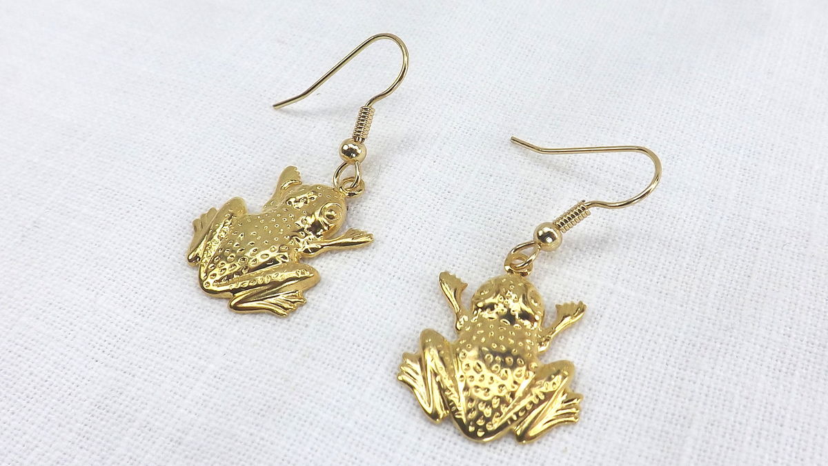 Dangle frog earrings, gold frog jewelry, amphibian earrings under 10